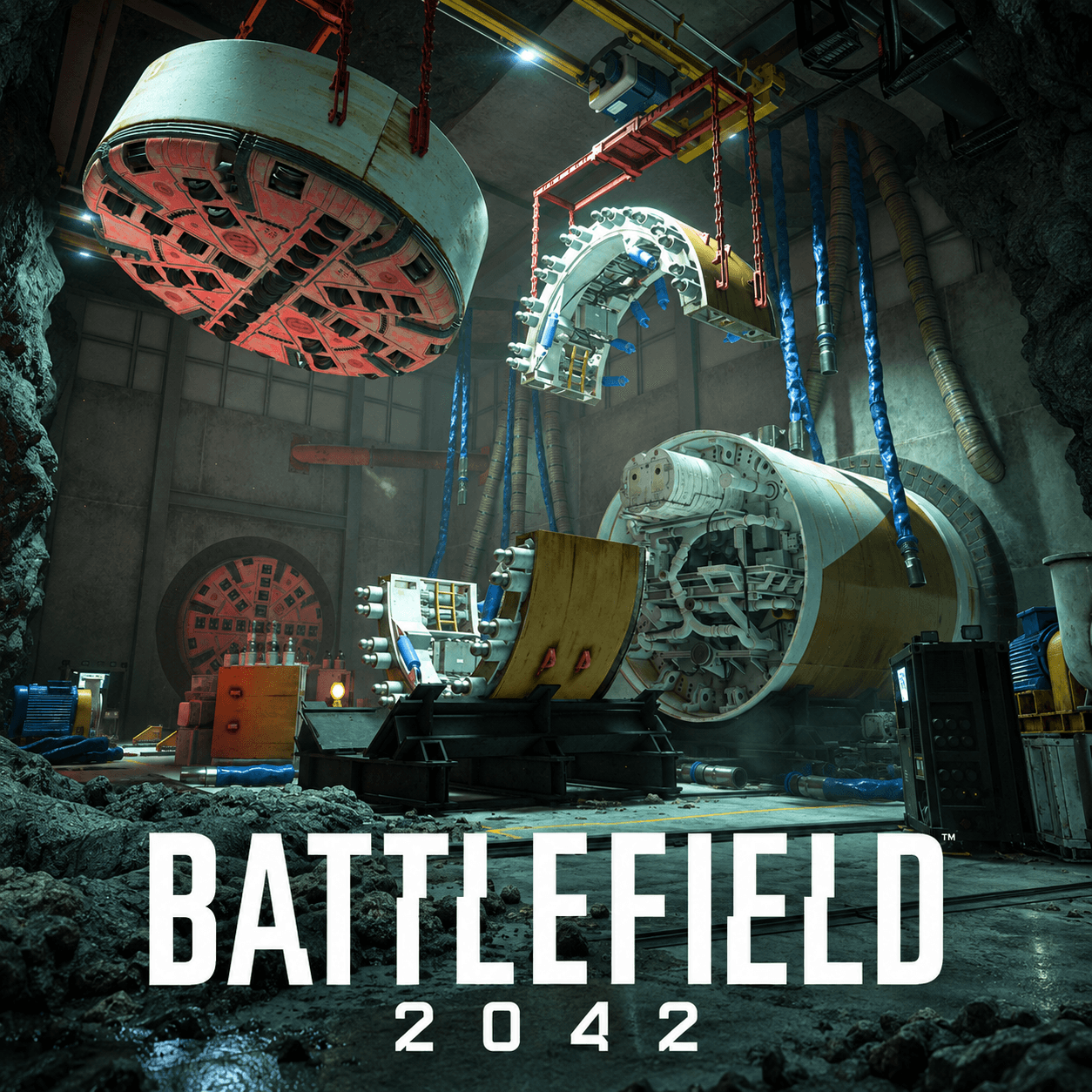 Battlefield 2042: пустой подземный цех с проходческой машиной и белым логотипом игры; сгенерированная адаптация официального кадра EA.
