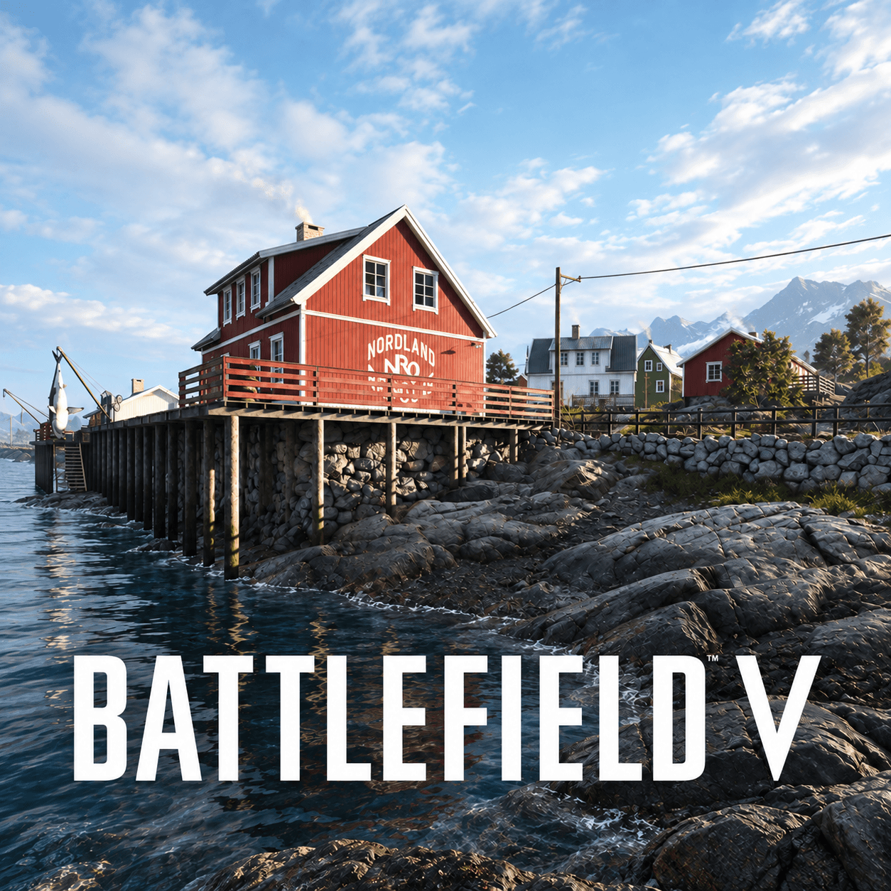 Battlefield V: прибрежный дом Nordland и белый логотип игры; сгенерированная адаптация официального пейзажного кадра EA.