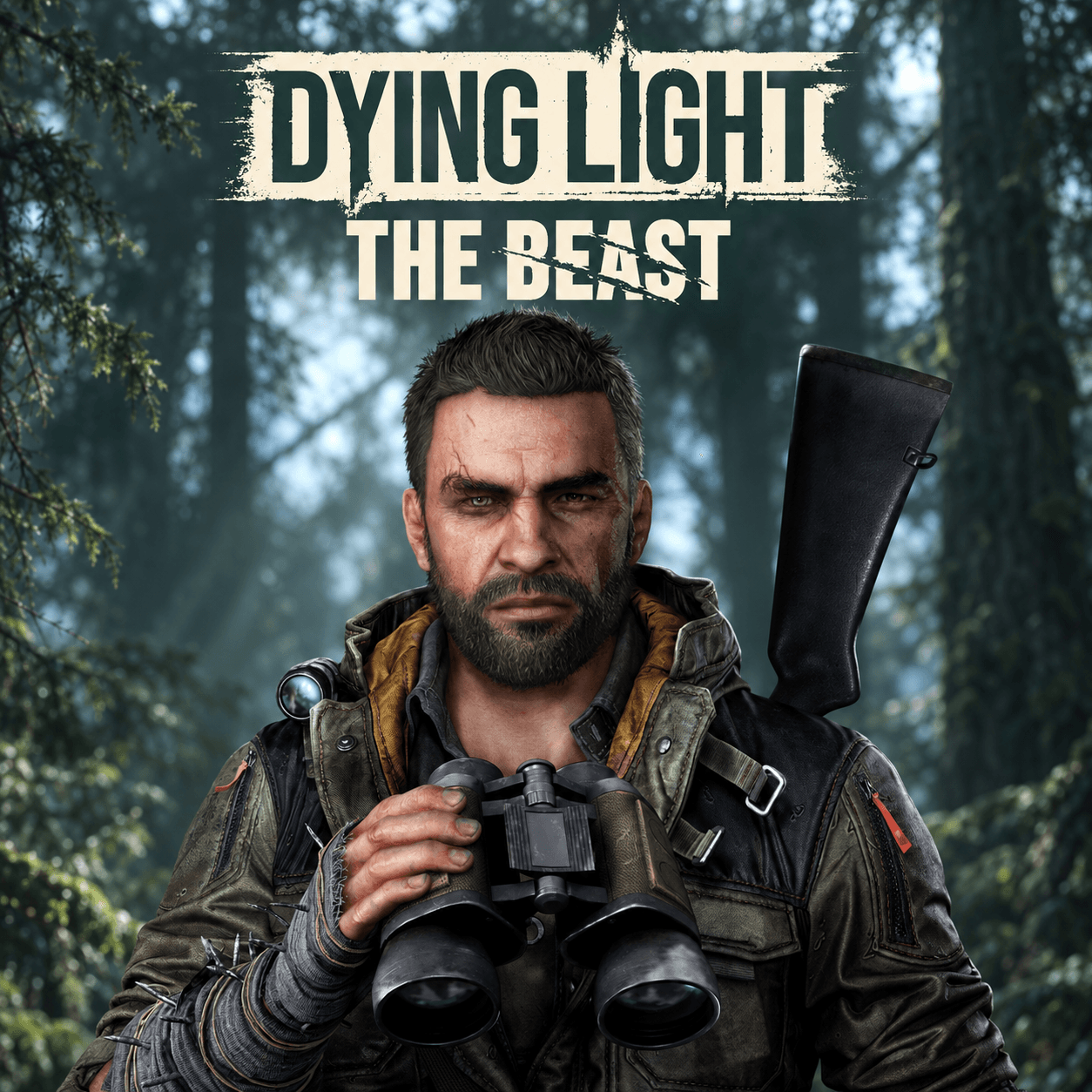Dying Light: The Beast — Кайл Крейн с биноклем на фоне хвойного леса и официальный светлый wordmark; сгенерированная адаптация портрета Techland.