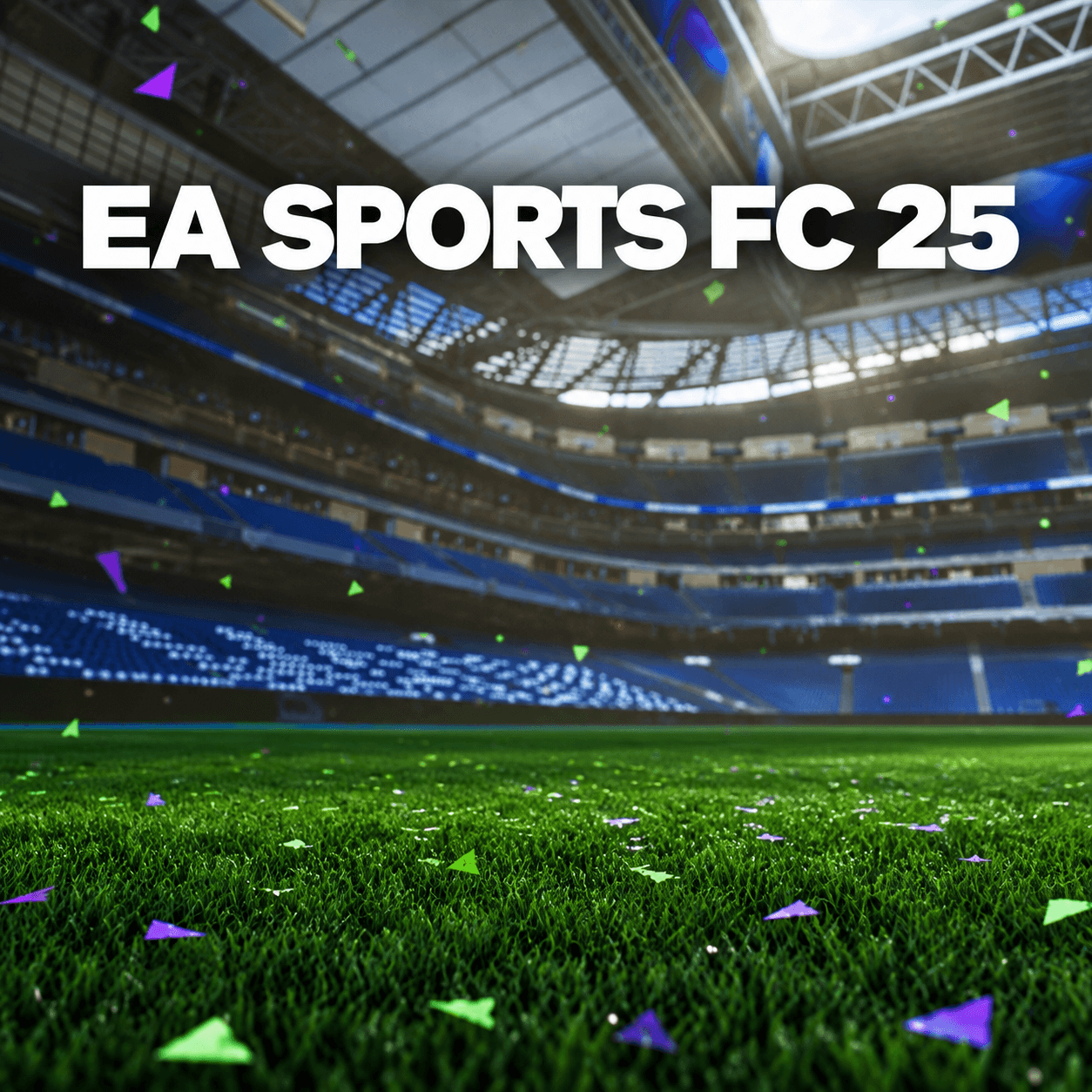 Сгенерированная по официальному референсу обложка EA SPORTS FC 25: зелёное поле, пустой стадион и конфетти