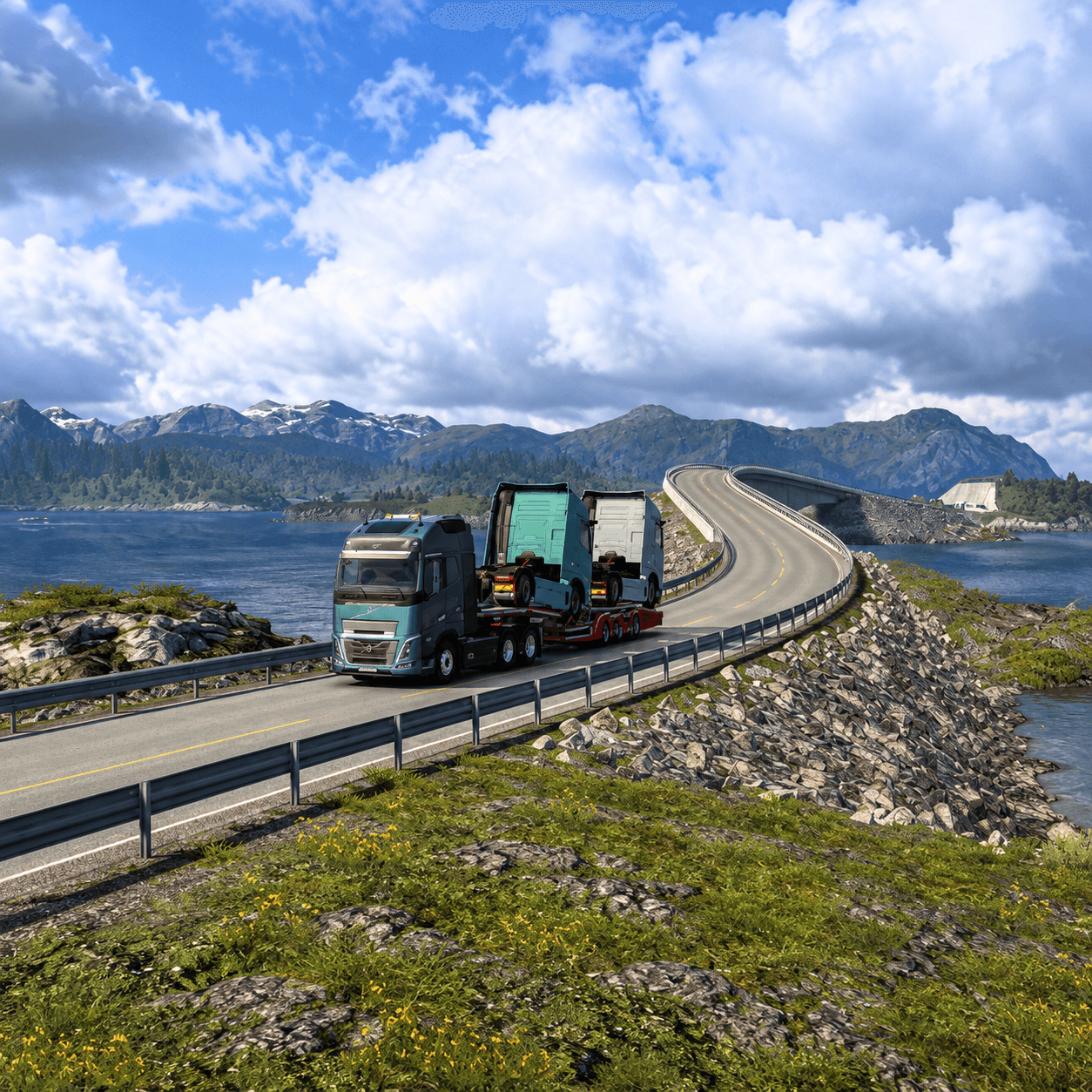 Euro Truck Simulator 2: бирюзовый грузовик с автовозным прицепом на изогнутом прибрежном мосту