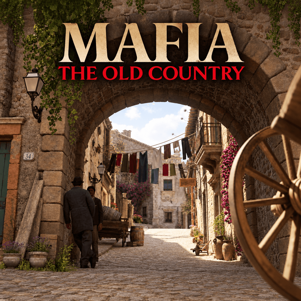 Mafia: The Old Country — сицилийская каменная арка, солнечный переулок и колесо телеги под золотым и красным названием игры; сгенерированная адаптация официального кадра.