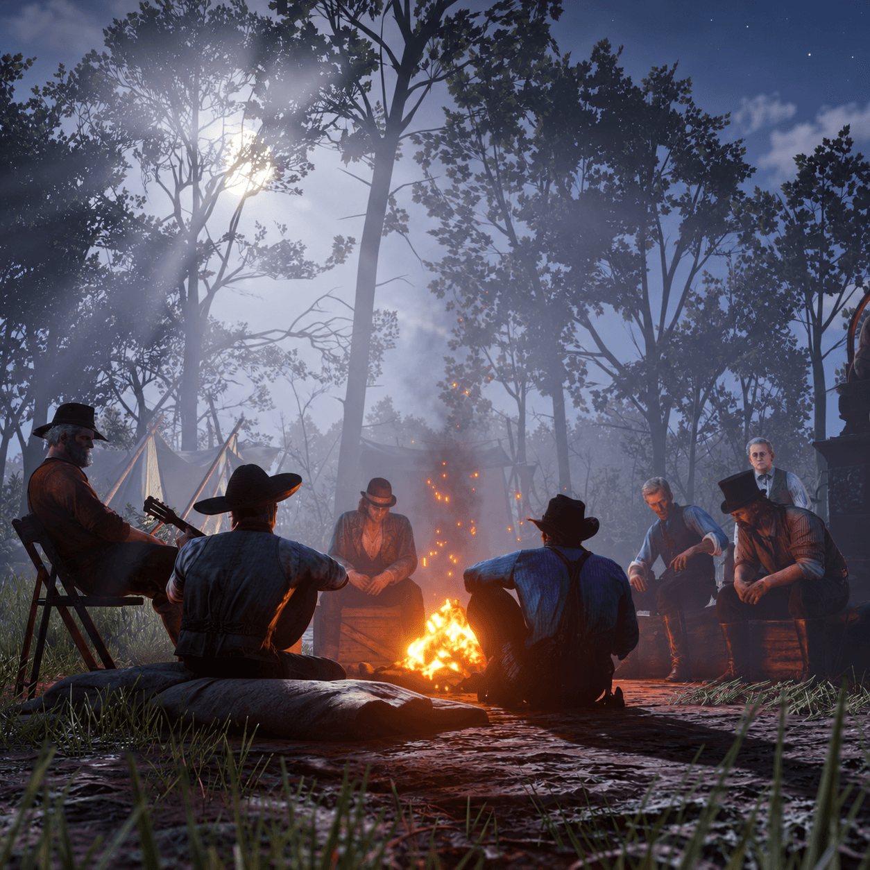 Сцена Red Dead Redemption 2: товарищи у костра в лесном лагере ночью.