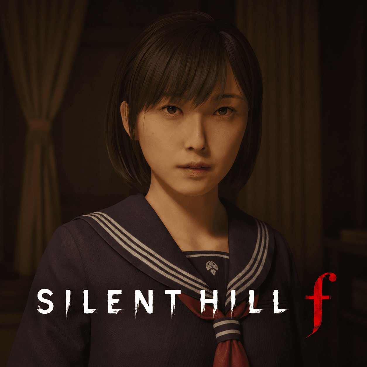 Спокойный портрет Хинако в деревянной комнате с названием SILENT HILL f; сгенерированная адаптация официальных изображений
