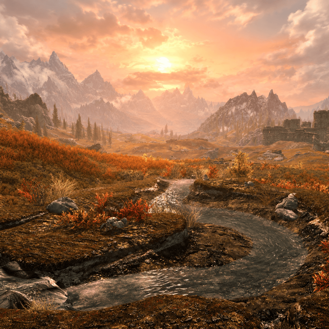 Горная долина Skyrim на рассвете: ручей среди осенней тундры и каменная крепость